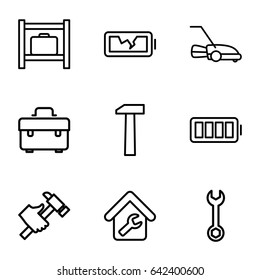 Maintenance icons set. set of 9 maintenance outline icons such as luggage storage, toolbox, wrench, hummer, lawn mower, ful battery, broken battery