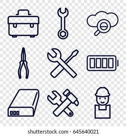 Maintenance icons set. set of 9 maintenance outline icons such as toolbox, wrench, worker, hummer and wrench, pliers, wrench and screwdriver, battery, ful battery