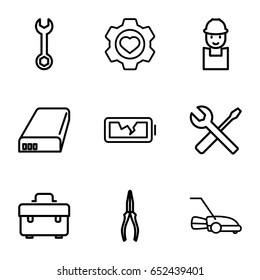 Maintenance icons set. set of 9 maintenance outline icons such as toolbox, wrench, worker, pliers, wrench and screwdriver, lawn mower, heart in gear, battery