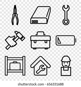 Maintenance icons set. set of 9 maintenance outline icons such as luggage storage, toolbox, wrench, worker, pliers, hummer, battery, low battery