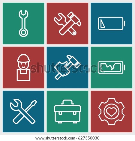 Maintenance icons set. set of 9 maintenance outline icons such as toolbox, wrench, worker, hummer and wrench, hummer, wrench and screwdriver, heart in gear, low battery