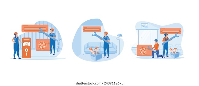 Maintenance, installation of cooling systems. Air Conditioner Repair or Installation with Unit Breakdown. Maintenance Service. Set flat vector modern illustration