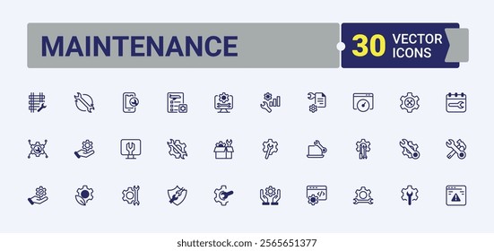 Maintenance line icon. Contains such icons as scrubbing, house, tools, wheel, electrical, washing, bin and more. Web icons. Solid line editable vector illustration.