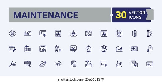 Maintenance line icon. Contains such icons as scrubbing, house, tools, wheel, electrical, washing, bin and more. Web icons. Solid line editable vector illustration.