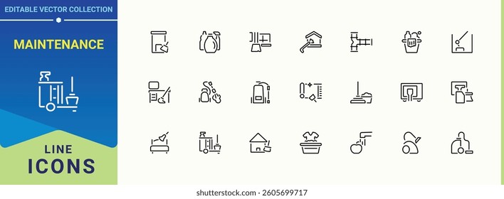 Maintenance line icon set. Contains such symbols as cleaner, washer, hygiene and more. Cleaning simple icon. Outline icons collection. Editable vector art.