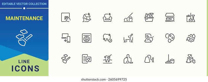 Maintenance line icon set. Contains such symbols as cleaner, washer, hygiene and more. Cleaning simple icon. Outline icons collection. Editable vector art.