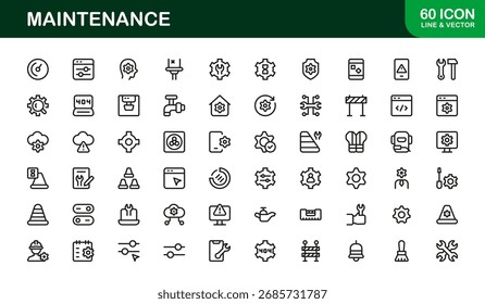 Conjunto de iconos de línea de mantenimiento: símbolos de Vector de Profesional para herramientas, reparaciones y servicio: Colección de iconos de contorno mínimo moderno