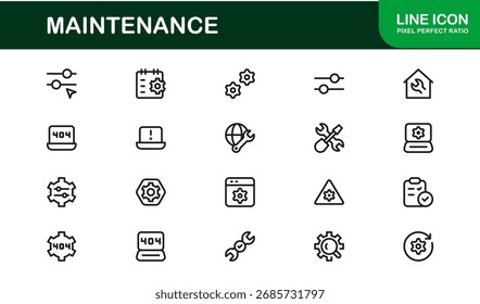 Conjunto de iconos de línea de mantenimiento: símbolos de Vector de Profesional para herramientas, reparaciones y servicio: Colección de iconos de contorno mínimo moderno