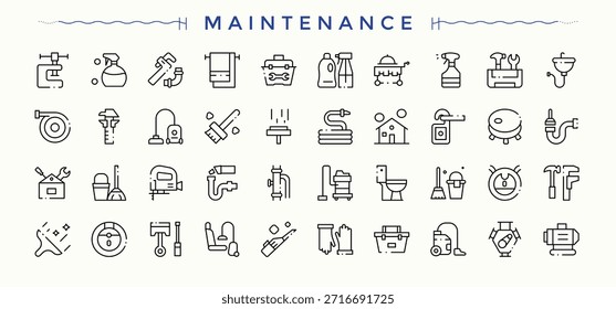 Conjunto de iconos de línea de mantenimiento. Conjunto de iconos de herramientas. Símbolo de línea y signo. Contiene símbolos tales como lavado, herramientas, limpieza, herramienta, reparación, trabajo, industrial y más. Trazo de Vector editable.