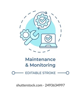 Icono de concepto de mantenimiento y monitoreo de color azul suave. Instalación del sistema de telecomunicaciones. Actualizar de software. Ilustración de línea de forma redonda. Abstractas idea. Diseño gráfico. Fácil de usar en el folleto