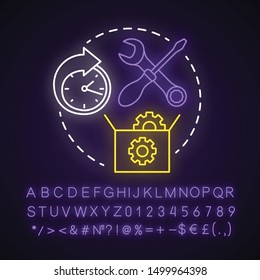 Maintenance neon light concept icon. Round-the-clock workshop. Equipment setup. Repairs. Support. Warranty service idea. Glowing sign with alphabet, numbers and symbols. Vector isolated illustration