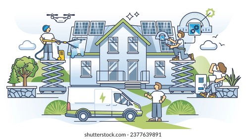 Maintenance and optimal use of solar panels energy production outline concept. Efficiency improvement with cleaning and correct angle adjustment vector illustration. Power check and roof control.