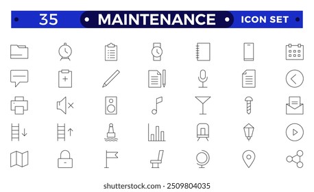 Mantenimiento colección de iconos de esquema. Contiene configuración, mantenimiento, servicio, herramientas, llave, engranaje. Para el diseño de marketing de Sitio web, logotipo, App, Plantilla, ui, etc.
