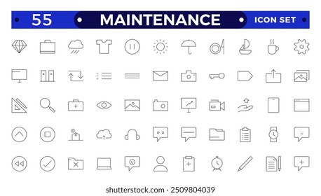 Mantenimiento colección de iconos de esquema. Contiene configuración, mantenimiento, servicio, herramientas, llave, engranaje. Para el diseño de marketing de Sitio web, logotipo, App, Plantilla, ui, etc.
