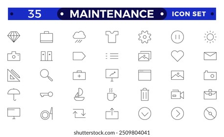 Mantenimiento colección de iconos de esquema. Contiene configuración, mantenimiento, servicio, herramientas, llave, engranaje. Para el diseño de marketing de Sitio web, logotipo, App, Plantilla, ui, etc.
