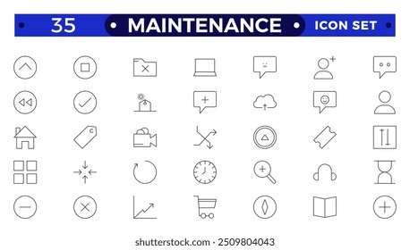 Mantenimiento colección de iconos de esquema. Contiene configuración, mantenimiento, servicio, herramientas, llave, engranaje. Para el diseño de marketing de Sitio web, logotipo, App, Plantilla, ui, etc.
