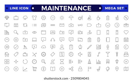 Mantenimiento colección de iconos de esquema. Contiene configuración, mantenimiento, servicio, herramientas, llave, engranaje. Para el diseño de marketing de Sitio web, logotipo, App, Plantilla, ui, etc.
