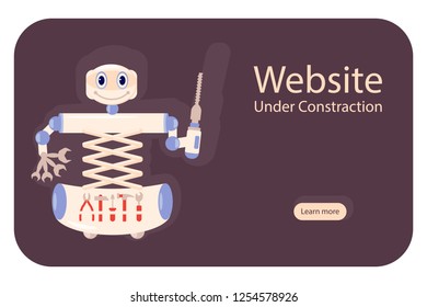 Maintenance page or 404 error. Concept Website Under Construction with robot holding building tools. Vector illustration eps 10