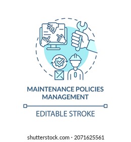 Icono de concepto azul de administración de directivas de mantenimiento. Control del equipo operativo. Ilustración de línea delgada de idea abstracta de administración de operaciones. Dibujo de color de contorno aislado del vector. Trazo editable