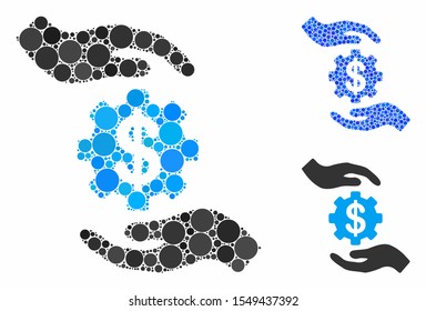 Maintenance price composition of circle elements in various sizes and color hues, based on maintenance price icon. Vector circle elements are composed into blue composition.