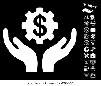 Maintenance Price icon with bonus copter service clip art. Vector illustration style is flat iconic white symbols on black background.