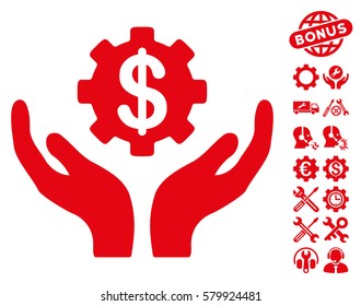 Maintenance Price icon with bonus setup tools pictures. Vector illustration style is flat iconic red symbols on white background.