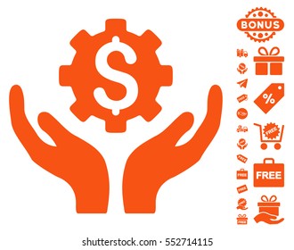 Maintenance Price icon with free bonus symbols. Vector illustration style is flat iconic symbols, orange color, white background.