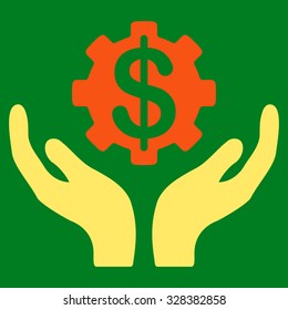 Maintenance Price vector icon. Style is bicolor flat symbol, orange and yellow colors, rounded angles, green background.