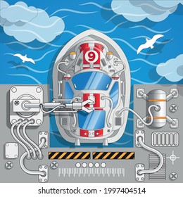 Maintenance Of A Racing Boat. Industrial Robots. View From Above. Vector Illustration.