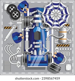 Maintenance of a racing car. View from above. Vector illustration.