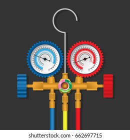 Maintenance Repair Air Conditioner Compressor Unit with Manifold Gauge Cool Fail Instrument Test