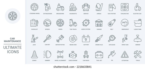 Maintenance and repair car service, auto shop thin line icons set vector illustration. Outline mechanic tools and equipment for automotive diagnostics in garage, tech machine parts and engine