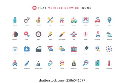 Maintenance and repair car service, diagnostics of vehicle, garage tools and car parts color icon set. Automatic and manual gearbox, tire of wheel, evacuator truck flat elements vector illustration