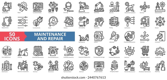 Maintenance and repair icon collection set. Containing functional checks, equipment, servicing, building infrastructure, machinery, business, residential installation icon. Simple line vector.