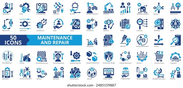 Maintenance and repair icon collection set. Containing functional checks, equipment, servicing, building infrastructure, machinery, business, residential installation icon. Simple flat vector.