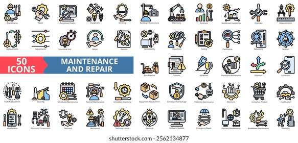 Maintenance and repair icon collection set. Containing functional checks, equipment, servicing, building infrastructure, machinery, business, residential installation icon. Simple flat outline vector