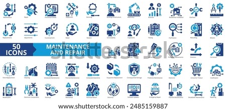 Maintenance and repair icon collection set. Containing functional checks, equipment, servicing, building infrastructure, machinery, business, residential installation icon. Simple flat vector.