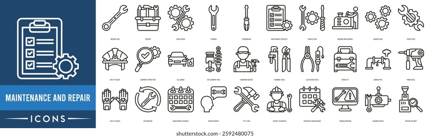 Maintenance And Repair Icon set. Wrench Icon, Toolbox, Gear Repair, Spanner, Screwdriver, Maintenance Checklist and Service Gear