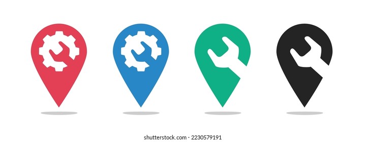 Maintenance repair map pointer icon pictogram vector or fix workshop pin marker logo simple label graphic logotype for automotive mechanic service position clipart image red green blue black isolated