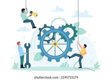 Maintenance and repair service with tiny technicians vector illustration. Cartoon handyman holding wrench, teamwork of professional characters to upgrade, fix devices or mechanism with work tools