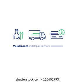 Maintenance And Repair Services, Repairman With Spanner, Installation Worker, Technical Engineer, Delivery Truck, Credit Card Payment Vector Mono Line Icon