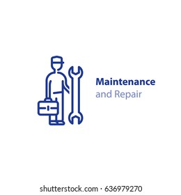 Maintenance And Repair Services, Repairman With Spanner And Case, Installation Worker, Technical Engineer, Vector Mono Line Icon