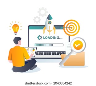 Maintenance rocket launch loading process in flat illustration