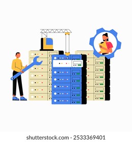 Cena de manutenção de TI com engenheiro masculino reparando servidores na ilustração de vetor plano simbolizando tecnologia, gerenciamento de hardware e suporte, isolado no fundo branco