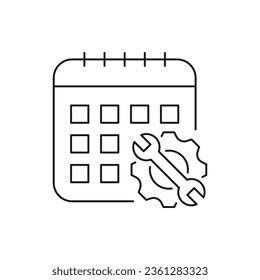 Maintenance schedule. Gear and wrench with calendar icon line style isolated on white background. Vector illustration