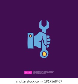 maintenance service concept icon with hand hold wrench sign symbol. engineering related icon for plumbing, industrial, construction. fill color line vector illustration