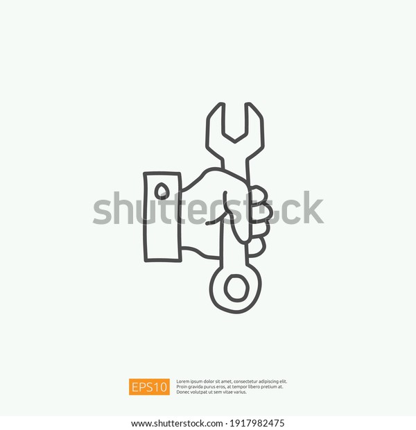 maintenance service concept icon with\
hand hold wrench sign symbol. engineering related icon for\
plumbing, industrial, construction. stroke line vector\
illustration