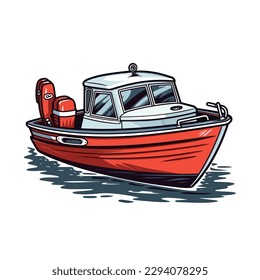 Maintenance and service of motor boats. A small motorboat. Motorboat rental. Cartoon vector illustration. label, sticker, t-shirt printing