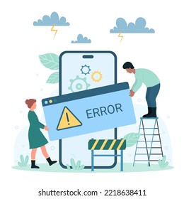 Maintenance service for phone software with system error vector illustration. Cartoon tiny people holding error message with warning sign, engineers work and fix failure and mistake in smartphone