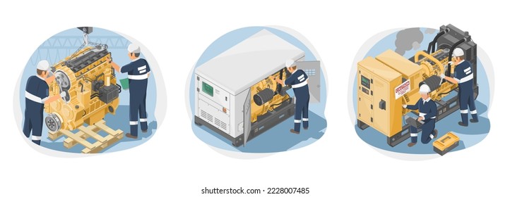 Maintenance service team concept generator station install and servicing checks times engine motor isometric for industry and construction equipment isolated